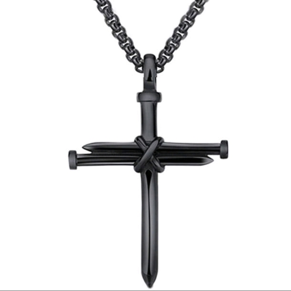 Other - 𝅺BLACK over Stainless Steel Nails & Rope Cross pendant necklace